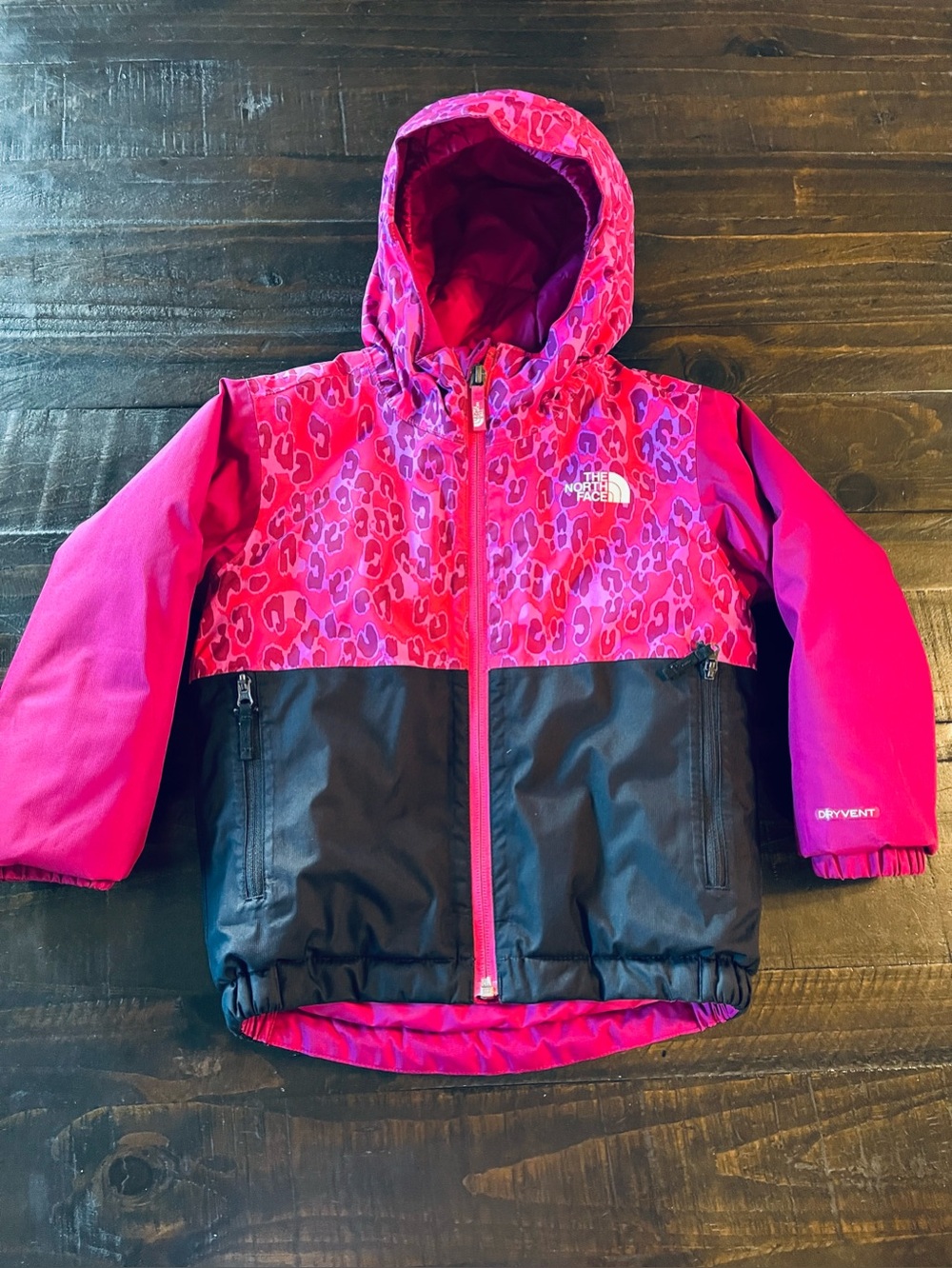 The North Face Girls Pink Leopard Print Hooded Winter Jacket 3T